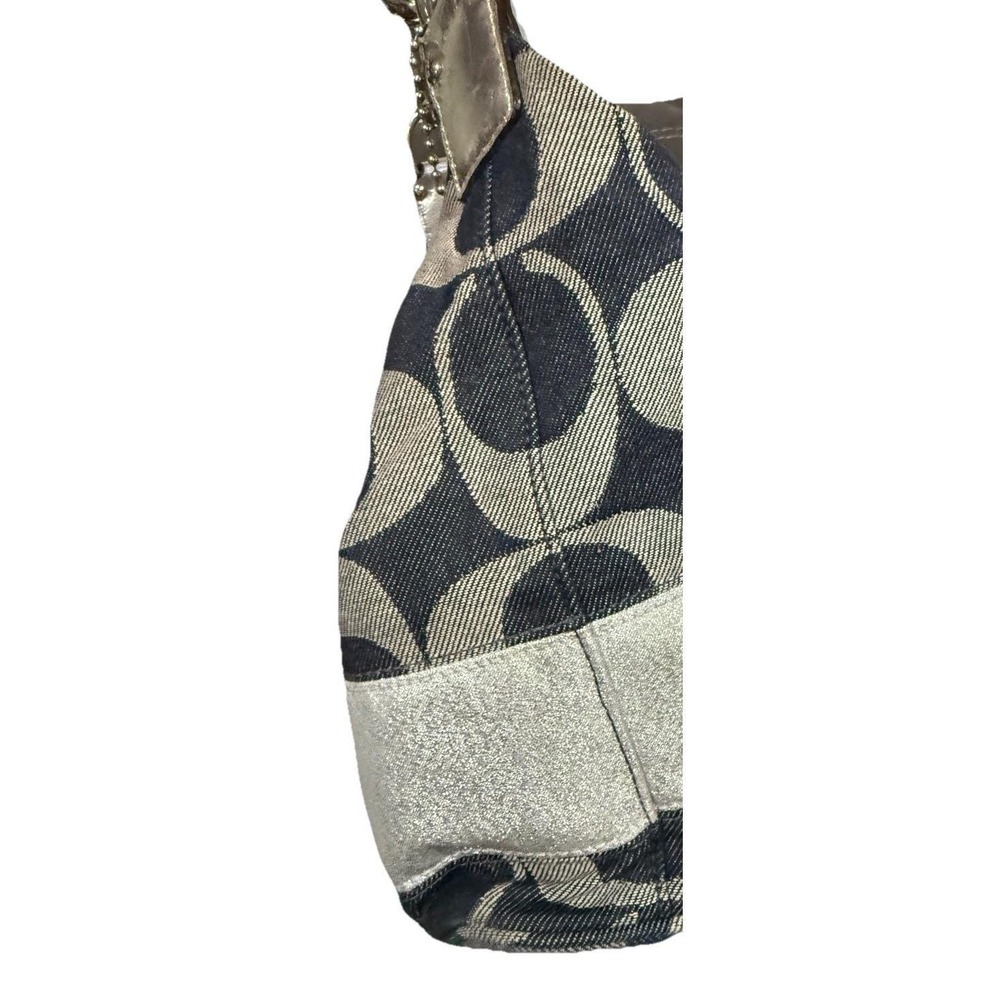 Coach Signature Carly Blue Silver Stripe Canvas Hobo Handbag Navy Denim F17434 - Picture 3 of 6
